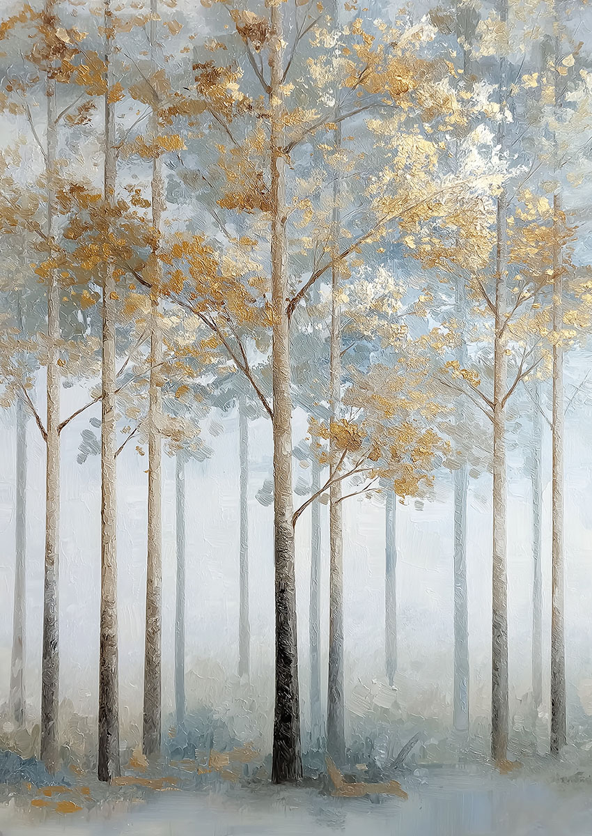 Ethereal artwork of a golden leaf tree forest with soft blue and grey tones.